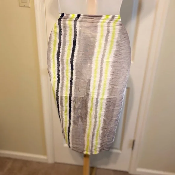 Pretty beach striped sarong with fringes (navy/gray/white/yellow), 84”W x. 29”L - Picture 2 of 7